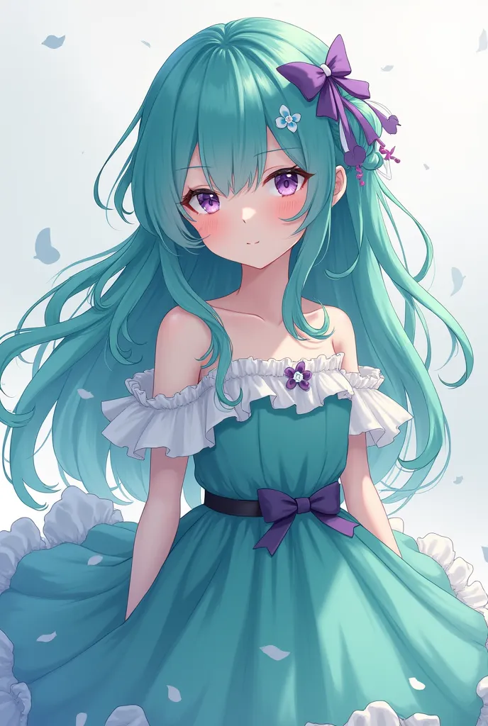 Girl with long teal hair with a few purple locks in a very fluffy anime-style teal and white dress