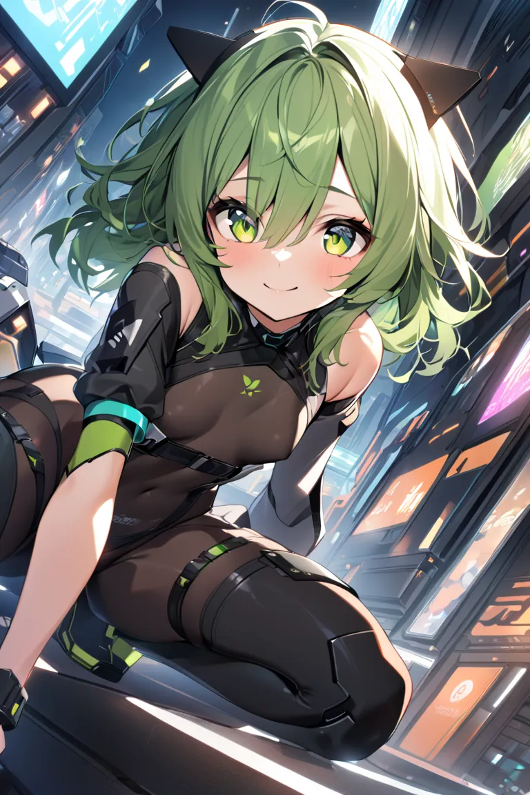 kneeling, 1young_girl, solo, long_shaggy_hair, green_hair, long_bangs,bare_shoulders,short sleeves, (black_bodysuit), black_harness,robot ears, green eyes, very_short_shorts, dittach_sleeves, long sleeves, light_smile, in futuristic city, , high quality,cr...