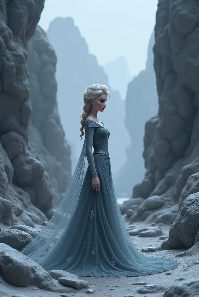 elsa in gray dress near lots of gray stones 
