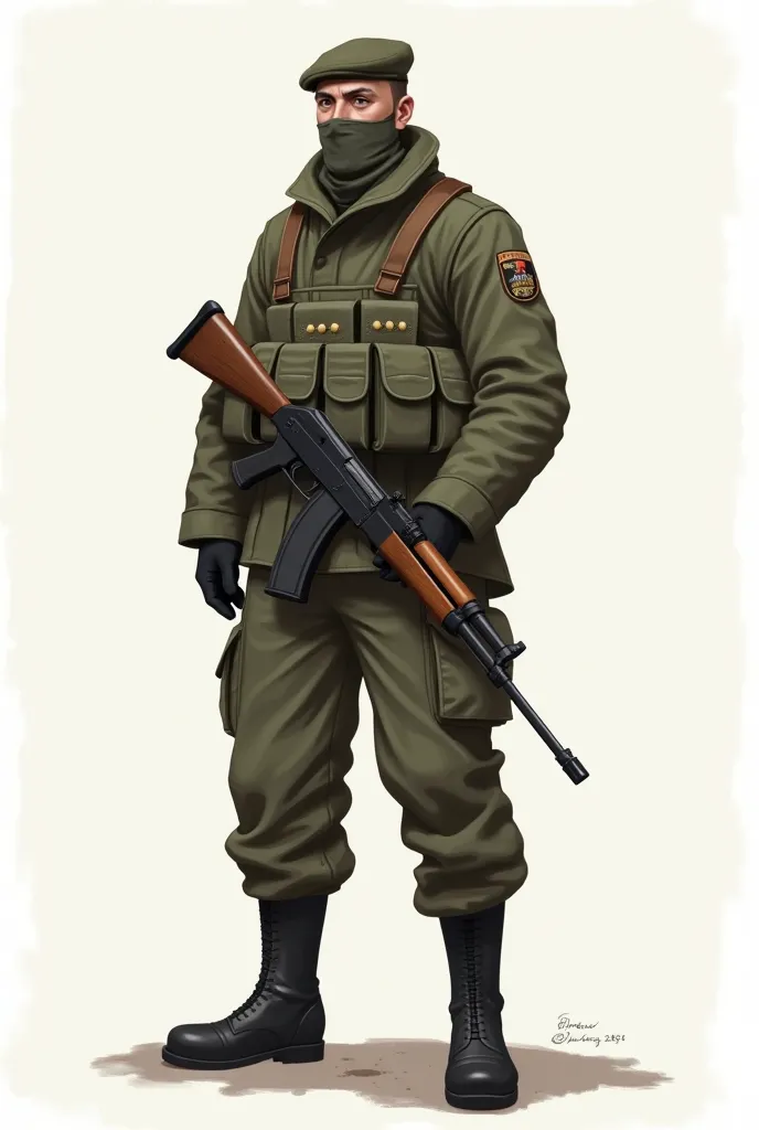 You can draw me a tall guy,  in military uniform, she's a little baggy, is not the big man himself, but the shape is 2 larger he, there are no knee pads on the uniform,as well as a buff on it that covers the lower half of the face, and not like a bandit ma...