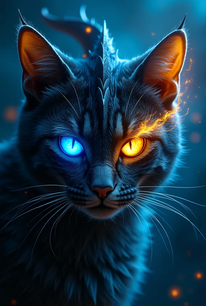 "A dark and mystical hybrid of a cat and a dragon, seamlessly fused into one legendary being. The left side is a fierce feline with deep, shadowy orange fur, pulsing with glowing blue neon veins that trace through its face like arcane energy. Its intense e...