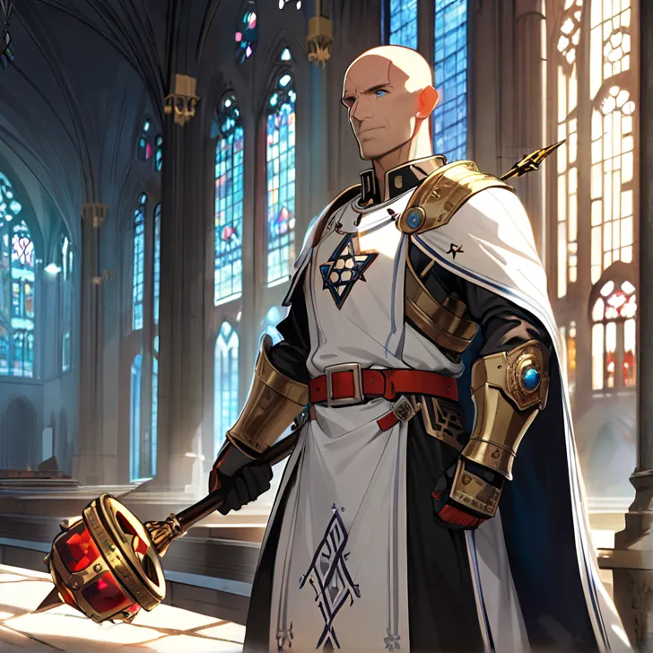 Masterpiece, HD, High Resolution, High Quality, Best Quality, Super Detailed. Solo character alone. Science fantasy art. “Warhammer 40K aesthetic”.
{{(1000-years-old male-demigod-abrahamic-priest:(appearance: matured-male-face. Bald head and face. Rouded-n...