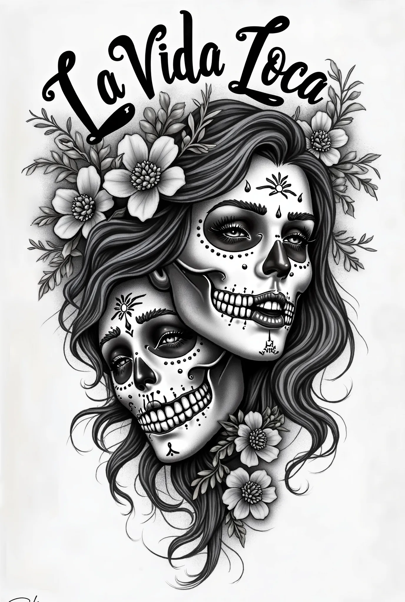 Create me Please a template for a Chicano style tattoo. The motif is a laughing and a crying mask. The motif should be black and white. The masks should be female. The female masks should be in the hasta la müarta style. So almost like skulls It would be g...