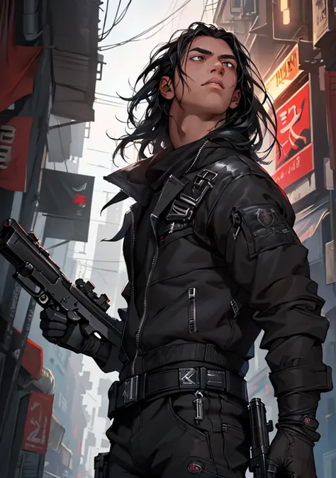 Super Detail, High Resolution, Super Detailed, Highest quality, amazing, top quality, Highly Detailed CG Unity 8K Wallpaper, Cinematic Lighting, (A boy with long black hair is looking up:1.2), cyberpunk, (holding a black shiny gun:1.2)