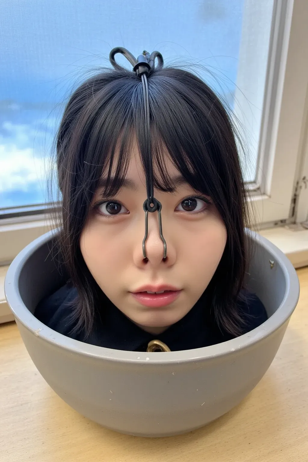 The high resolution photograph of a Japanese young woman's disembodied head in a pot on the desk nearby the window. close-up of her head, face focus, pale skin, fine-textured skin, black hair with bangs, detailed face, detailed eyes, sophisticated nose, (c...