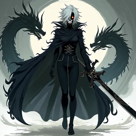 Create antihero anime character white hair half skull black clothes barefoot black dragon sword with lines and lines from anime and manga and without color anything realistic 