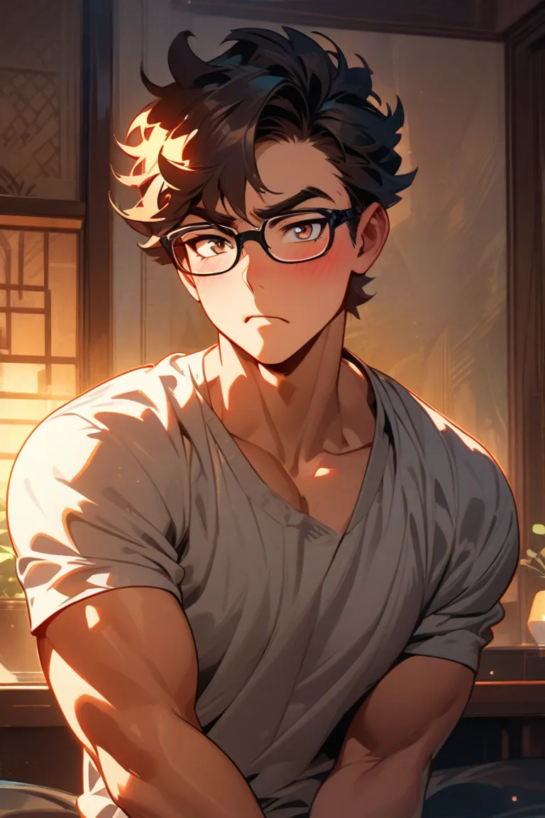 a hot muscular anime nerd with glasses is looking the viewer blushing 