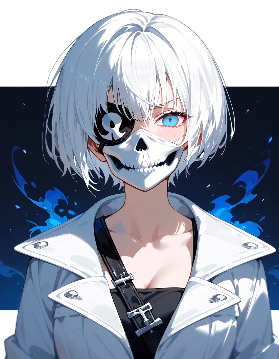  girl, white hair, short hair , in blue eyes, White Coat,medium chest,cool,Wear a black miniskirt, White Skull Mask,eyes patch ตาขวา,,Cross Eye , black eye border,,Wearing black gloves ,Fierce face,black background,cute,student, in the empty eye,sulk,shy,S...