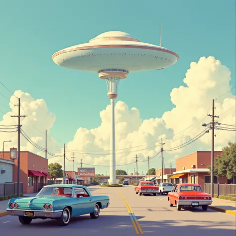 Hirhiroshi nagai painting. Retro futuristic. Mundane suburban town. Hamtramck. Planet in sky