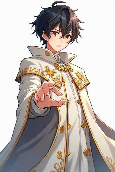 Anime style illustration of a young man with dark hair and a serious look. He is wearing a long white cloak with gold accents, decorated with gold patterns and buttons. his arm is raised and his palm is turned in our direction