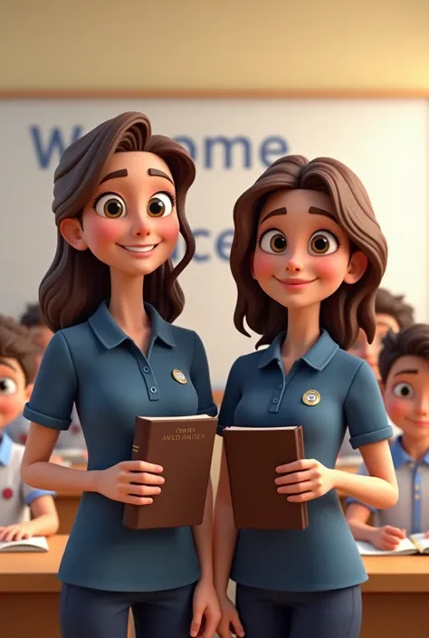 Image of two teachers, a lady and a man, animated with a 3D style, with a friendly appearance. They have brown hair, slightly wavy and casually styled. Their faces are expressive,  design with large, bright eyes ,  A Warm Smile  y mejillas ligeramente rosa...