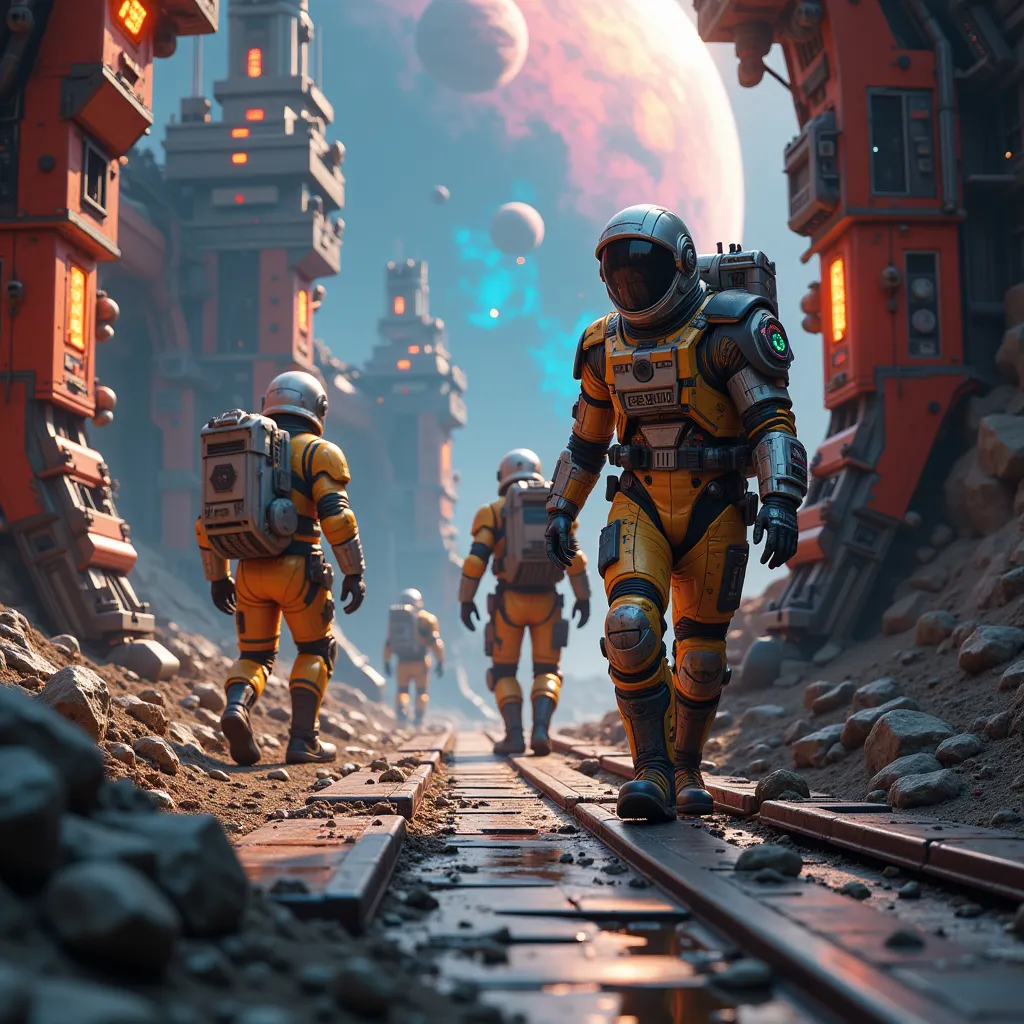 In a colorful space colony construction site, space workers operate aged, arm-equipped space heavy machinery, showing vibrant colors mixed with wear and tear. The facility and their space suits also exhibit signs of dirt and aging, with colorful yet weathe...