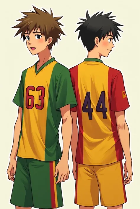 Draw me two ren who came out of the wreckage on their jerseys, one yellow green and the other yellow red on the back of the yellow green one, 63 summer and the other 44 summer, let them come out of the wreckage