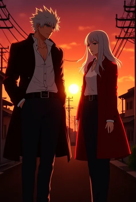 Two anime-style characters, with traits inspired by Tokyo Ghoul, but without the heavy dark burden. male:  spiked white hair,  strong physique, wearing a coat/red jacket, partially unbuttoned white shirt, belt and dark pants, maintaining the original look....