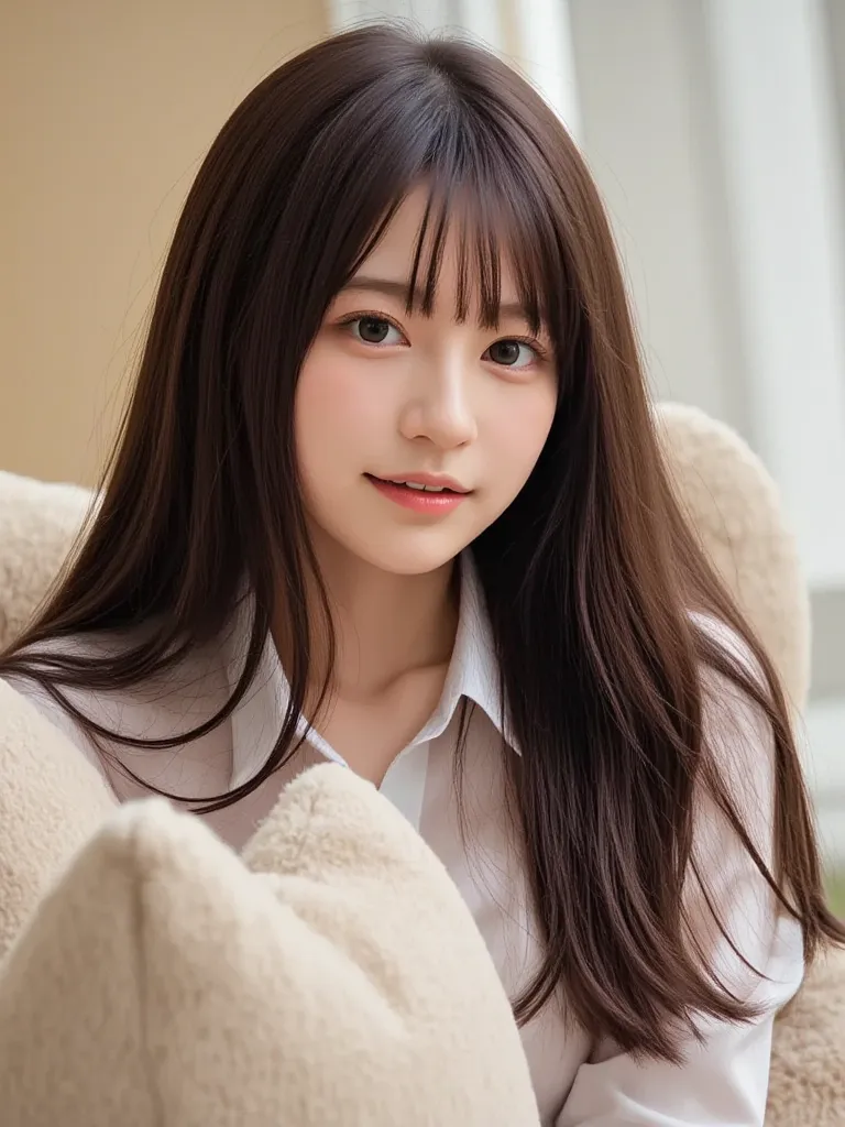  An amateur took a selfie on Instagram . A woman in cute loungewear is、surrounded by cushions in the student room,   without makeup,   playful smile  . she has long brown hair and bangs,Overlooking, 