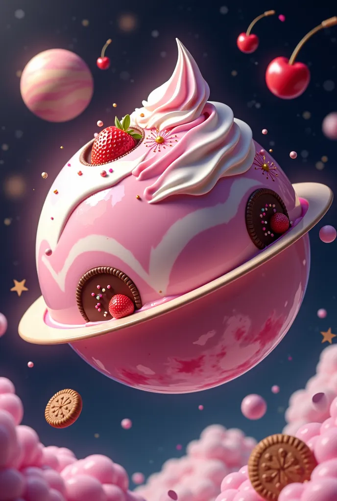  in the vastness of space , a spherical and creamy planet slowly revolves, made completely of a delicious thick shake. Its surface is a swirl of pastel colors, with shades of strawberry, chocolate and vanilla that mix in soft and shiny waves. Rivers of liq...