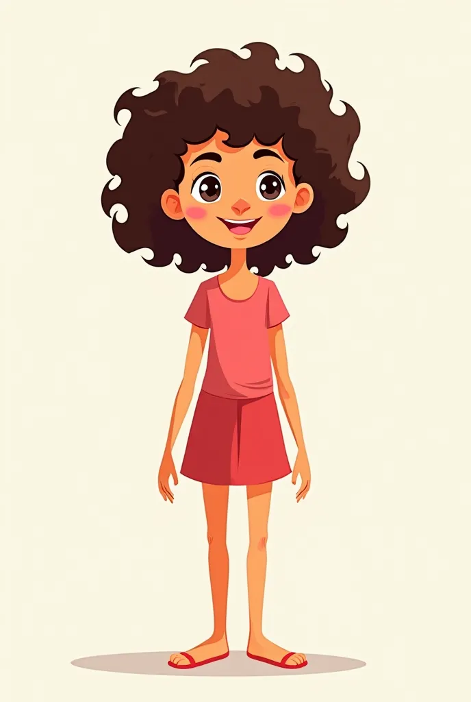 want a girl character with cute curly hair, and the character should be simple, and the vector character should be like the 7-Up Fido Dido character, with lines. This girl's character will be for advertisements for skin care products