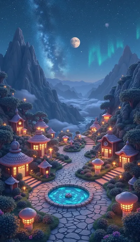 Magical fairy Starlight Village at night, 3D animation style, hidden valley nestled between cosmic mountains with constellation patterns on slopes, small cottages shaped like various cosmic objects (stars, moons, planets), buildings made of luminescent cry...