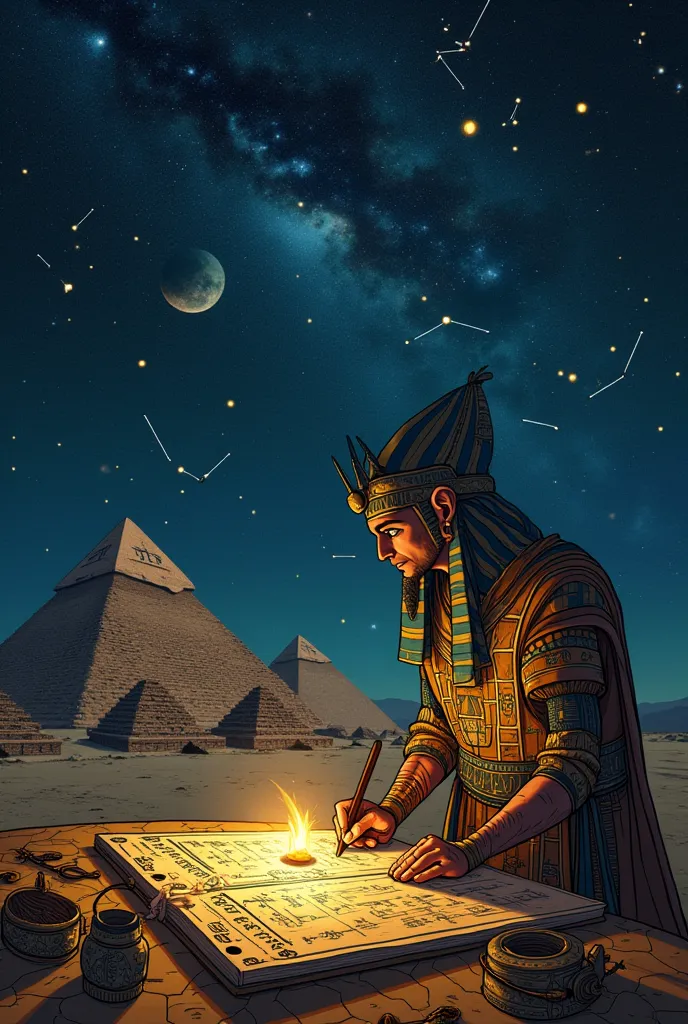 I want a photo-like image of Thoth consulting the stars and making a writing with hieroglyphics that has pyramids and constellations that were close to them that in the image represent symbols of Thoth and what he represented. It's for the bottom of an iPh...