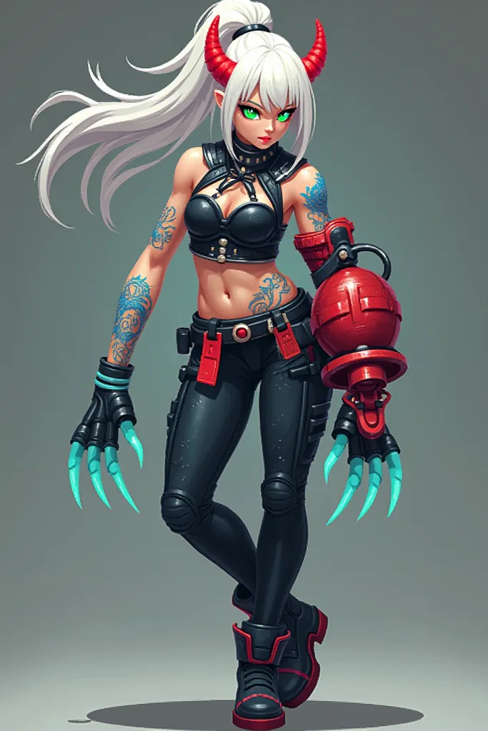 The head would have small pixels for the red horns, the white hair with a ponytail, and highlighted green eyes.

The body would show the black vest with silver details, the blue dragon-shaped tattoos on the arms, and the right arm with pixelated red armo...