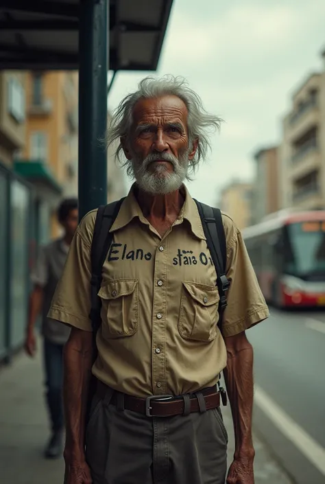 Old man with the shirt written, Waiting for BCT 