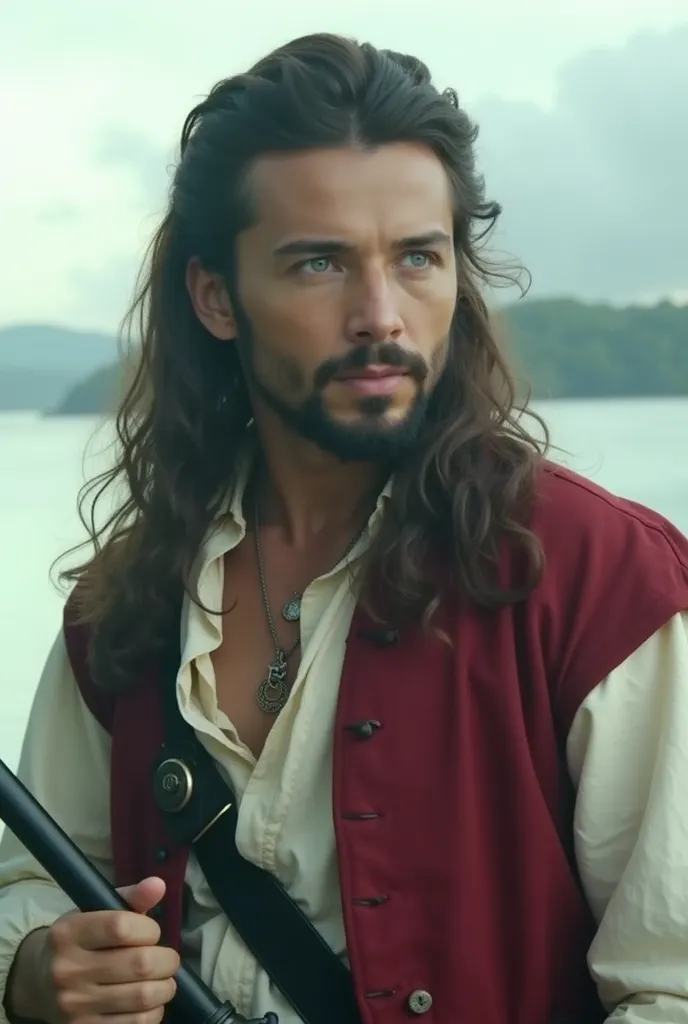 an adult male pirate with long swept back brown hair, light blue eyes, stumbled facial hair, 1820s era white shirt and red vest, chest hair, holding a rapier, chest hair, 8k, cinematic lighting, island background, JFR212