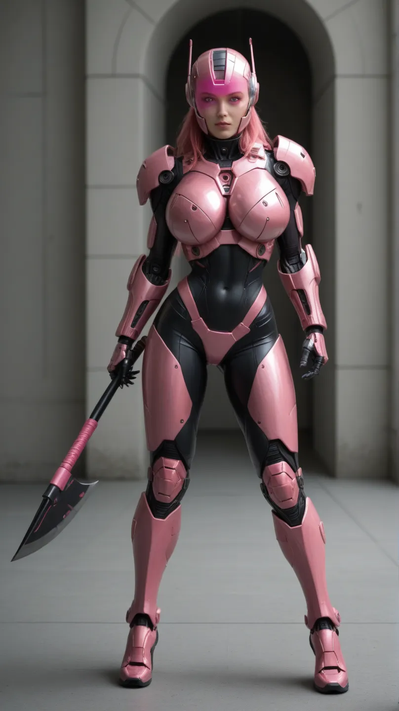 ((girl wearing a skin tight black bodysuit)), ((cybernetic pink armor)), ((pink trim on bodysuit)), (bright purple glowing digital parts all over armor), (gauntlets), claws, (pink open face helmet), long flowing pink hair, futuristic throne room, cyber axe...