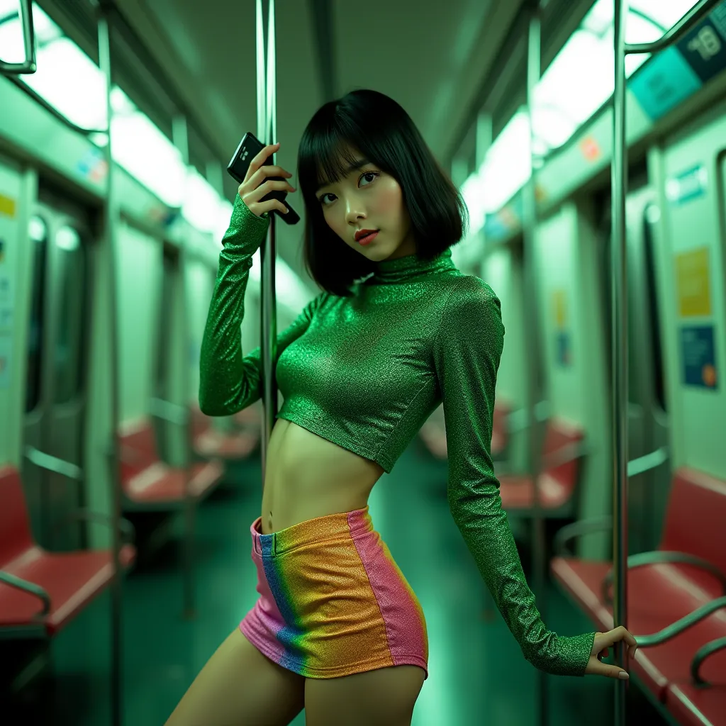 Kloe, a K-pop singer with medium short hair and bangs, black, is in an empty subway. She’s wearing a shiny green top, matching the subway’s aesthetic, and a colorful low-waisted mini skirt with high-heeled boots. She’s holding one of the subway's safety po...