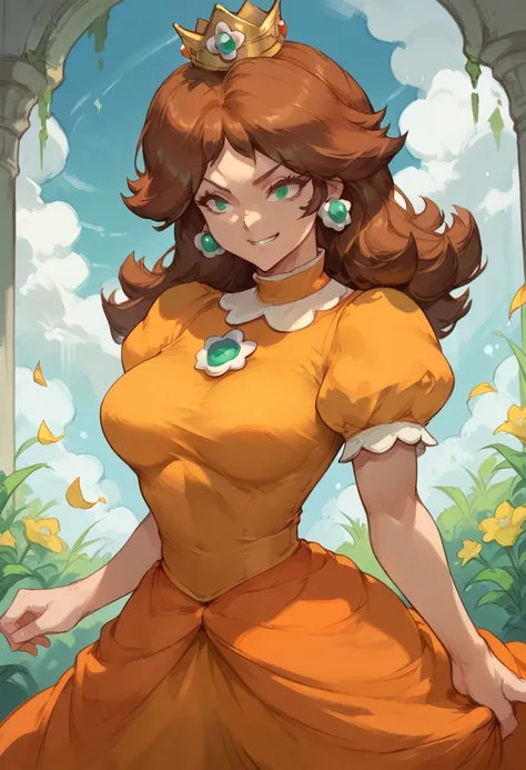 score_9, score_8_up, score_7_up, BREAK, 1girl, solo, cowboy shot, large breasts, Princess Daisy, \(Nintendo\), green eyes, brown hair, crown, orange dress, cute, smirk