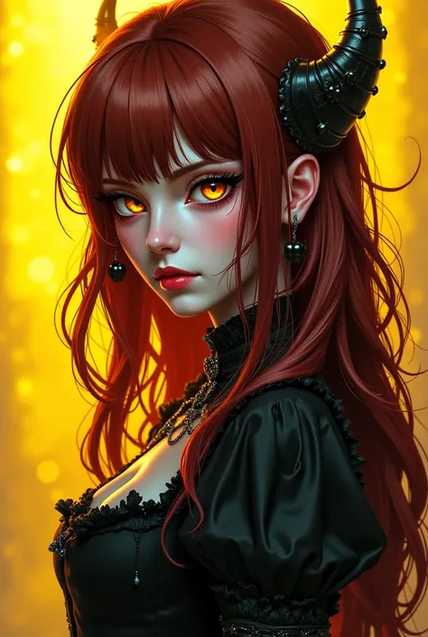 Portrait of a Woman, long and wavy hair, dark reddish brown, bangs falling over the eyes, almond shape, yellow eyes, long eyelashes, pale white skin, reddish circles, gothic style clothing, with plenty of accessories, the character must be looking at the v...