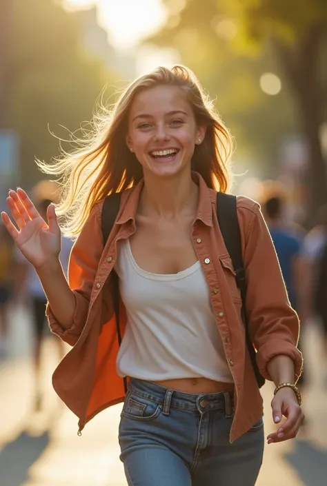 Medium shot with blurred background, perfect lighting, camera following, a girl smiling and walking quickly towards the camera, raising her hand to greet the lens.