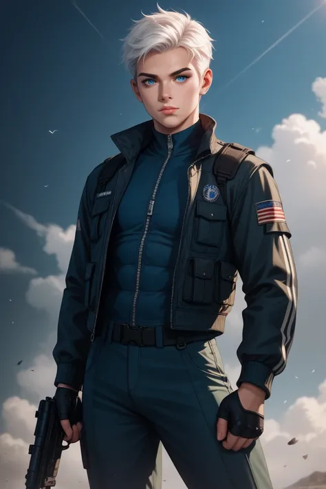 boy with white hair and blue eyes with tactical jacket