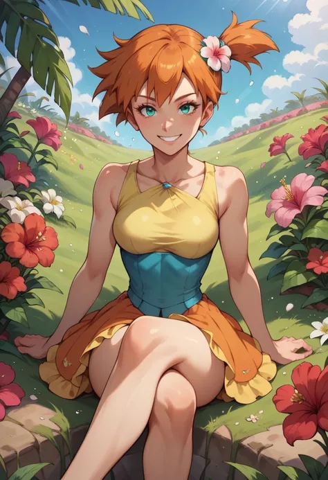 misty \(pokemon\), 1girl, solo, aqua eyes, orange hair, long hair, side ponytail, bangs, hair tie, hair flower, hibiscus, flower dress, frills, sleeveless, flower field, outside, blooming flowers, pollen particles, sunshine, smile, blurry background, (look...