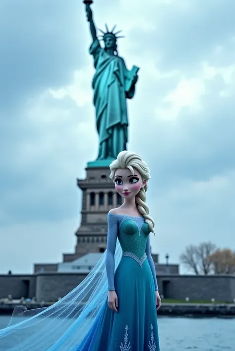 Elsa de Frozzen in front of the Statue of Liberty 