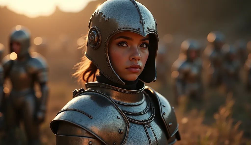 A petite mixed race with a brown afro female dressed in full high quality feminine armour, medieval style, archaic, cinematic, atmospheric, Nvidia ray tracing, whimsical, Multiple Views, full body, feminine helmet covering face, cold, war Depth Of Field, F...