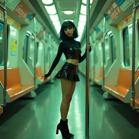 "Kloe, a K-pop singer with medium short hair and bangs, black, is in an empty subway. She’s wearing a black shiny top and a black low-waisted mini skirt with high-heeled boots. She’s holding one of the subway's safety poles with one hand, leaning slightly ...