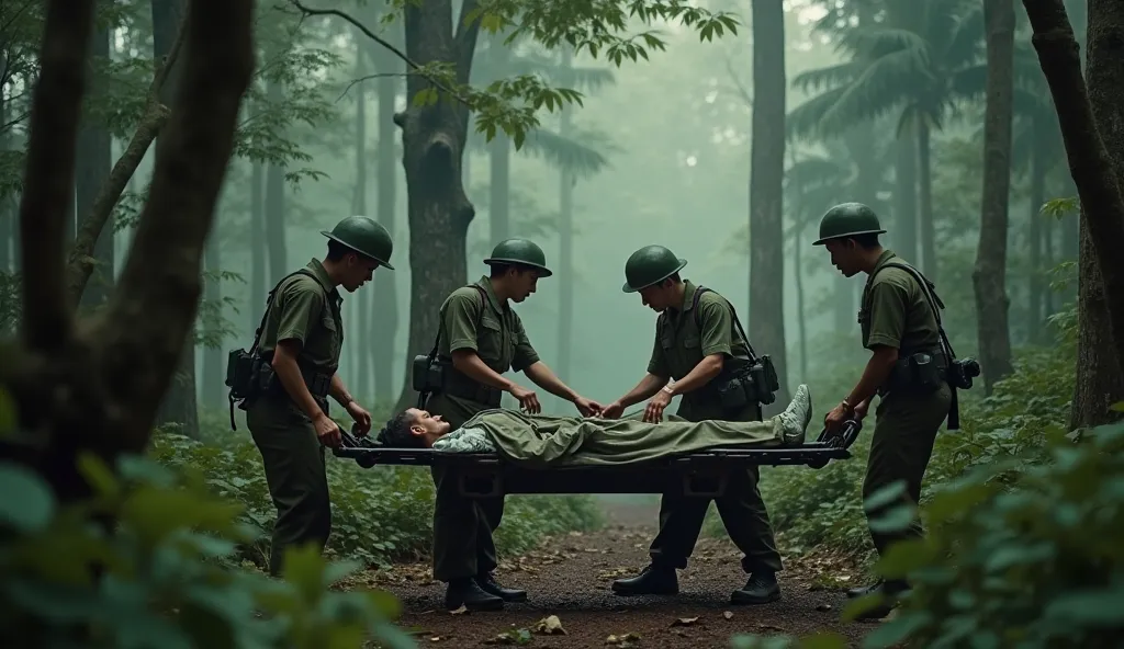 Photorealistic historical scene, 1954, Vietnam, field hospital camouflaged under forest canopy, doctors and nurses treating wounded soldiers, improvised stretchers bringing casualties from frontline, medical equipment of the era, compassionate care, Vietna...