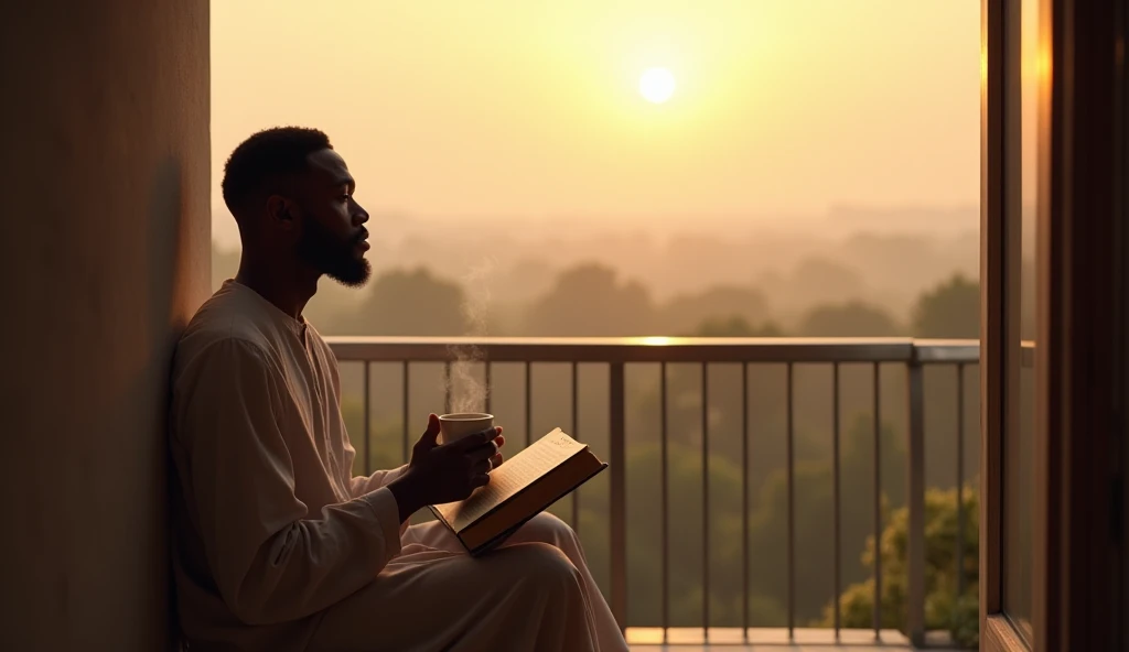 "A Black man sitting on a balcony at dawn, drinking tea while reading a devotional book. His posture is relaxed, symbolizing the importance of starting the day with prayer and reflection."