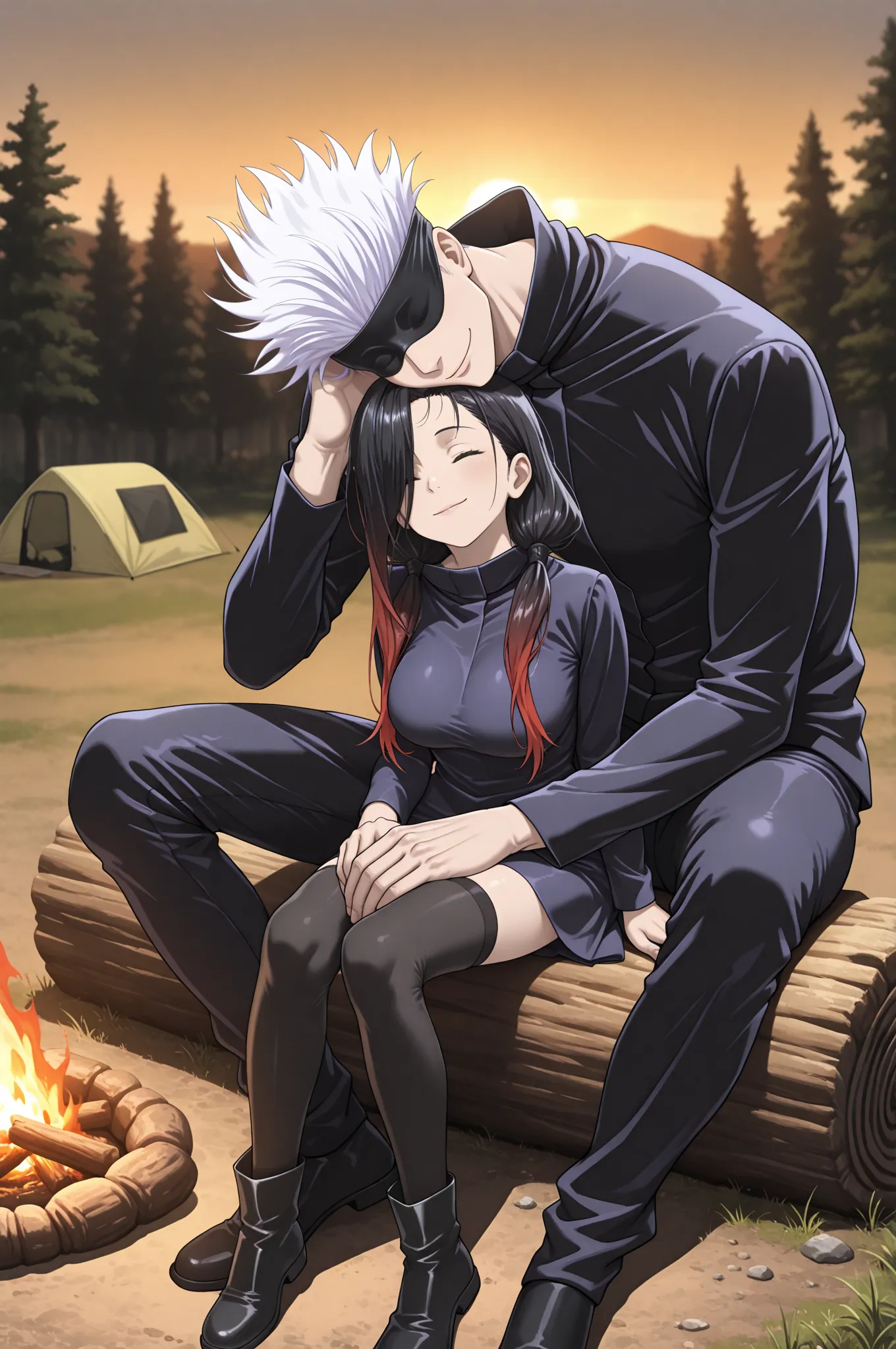 1boy, male focus, gojou satoru, jujutsu kaisen, blindfold, covered eyes, white hair, short hair, sexy man, handsome, black uniform, matching top and bottom, black footwear, BREAK duo focus, hetero, couple, size difference, height difference, camping, close...