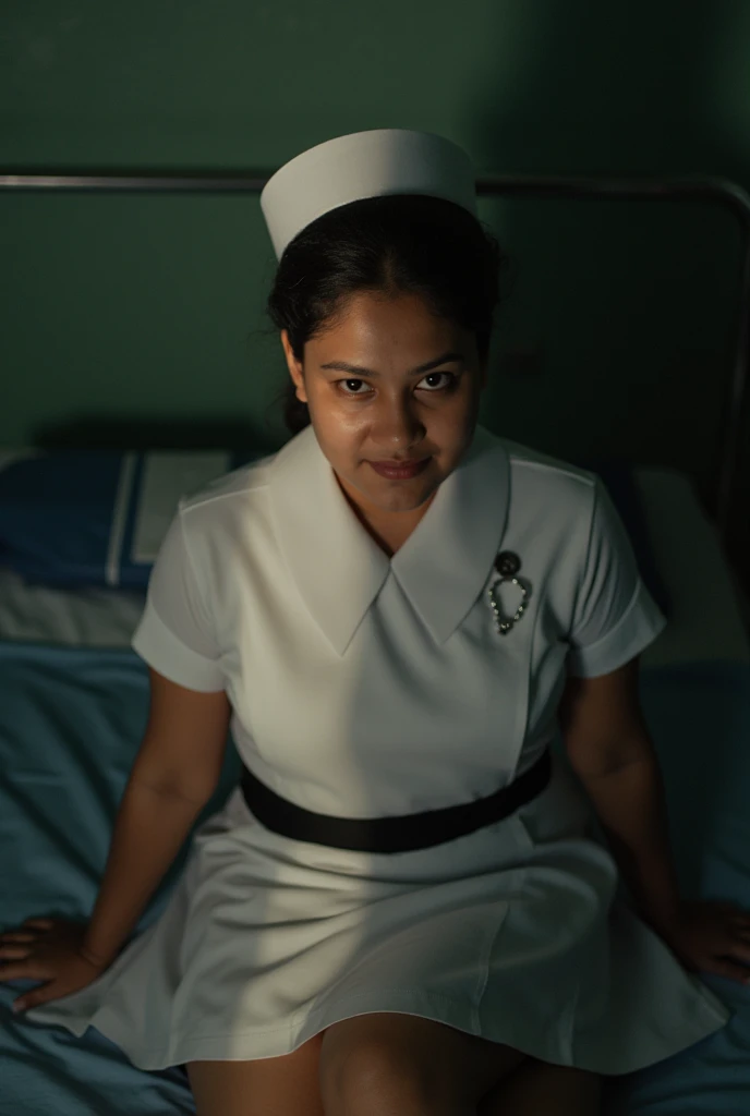 photo of a Sri Lankan 25 years old nurse, Sri Lankan woman face, wearing nurse cap, nurse uniform, white above knee skirt, white socks, white nurse slip-on shoes, classic bun short hair, black strip in waist, big chest, cinematic lighting, seduce face, cow...