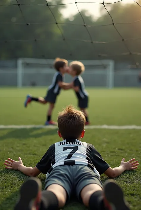 Boy turned on his back wearing the Juventus number 7 church shirt on a soccer field hanging from the net that surrounds the field, with open arms watching a boy and a girl kissing, realistic photo