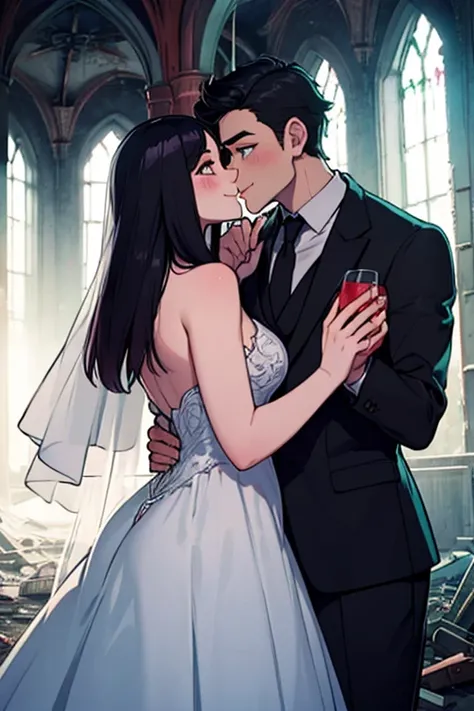 Perfect faces. Perfect hands. A petite pink haired woman with violet eyes and an hourglass figure in a Gothic wedding dress is kissing a tall black haired woman with teal eyes in a suit in an abandoned church with a big smile
