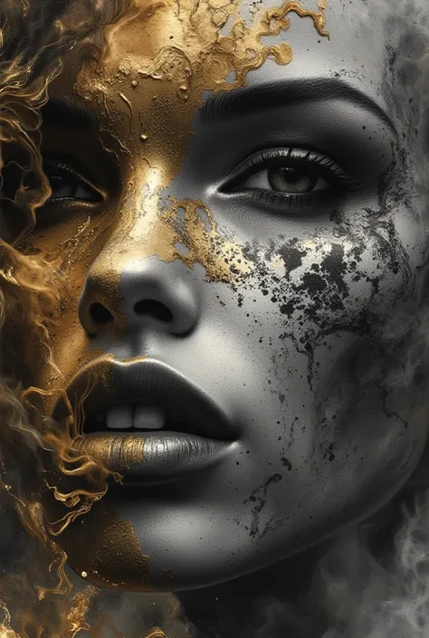 photorealistic, hyper detailed female face of smoke and black, gray, and bronze color. Added in a style reference, a composition reference, Hyper realistic, splash images, splattering, Fauvism, Geometric, Marble. 