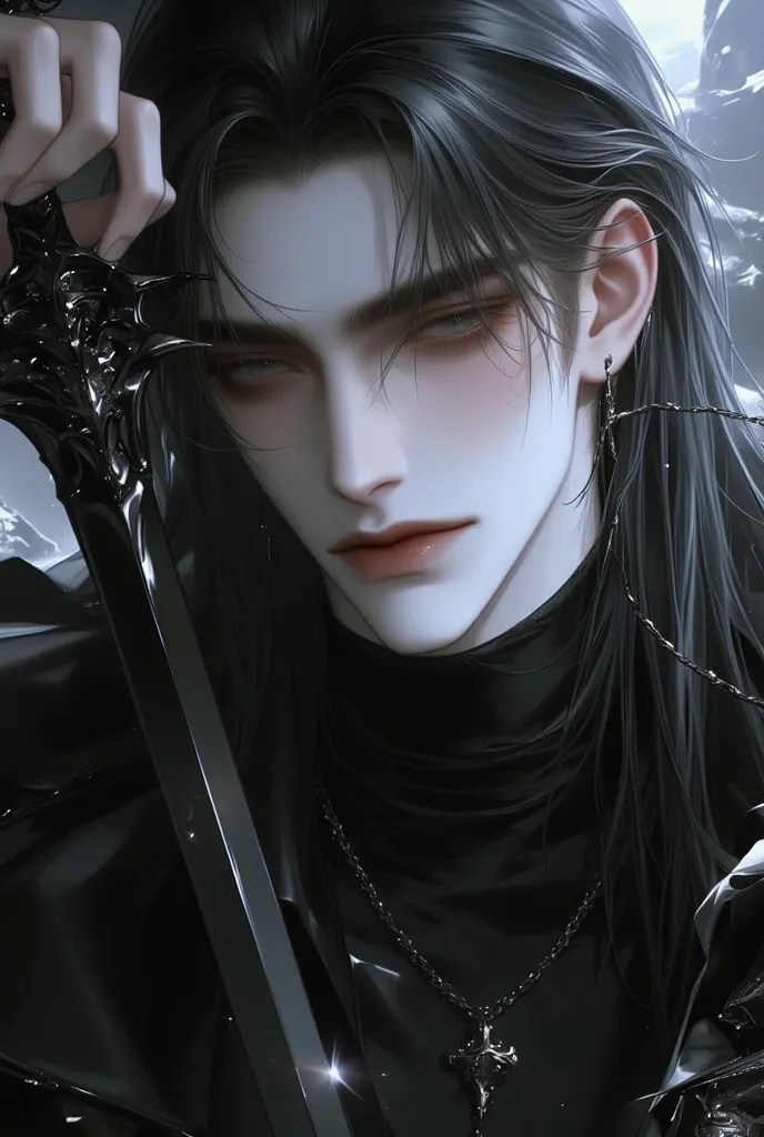 anime boy a close up of a person with a sword in their hand, handsome guy in demon slayer art, by Yang J, beautiful male god of death, dark fantasy style art, dark fantasy mixed with realism, 8k high quality detailed art, goth ninja, by Ni Tian, holds a bl...