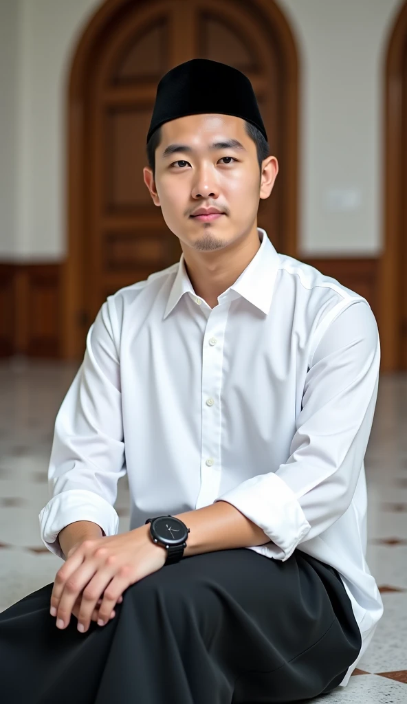 A 30-year-old Korean boy wears a white shirt with black peci and black sarong. Sitting inside a mosque without footwear, provides a calm atmosphere and wisdom. He also wears a black watch on his left wrist. The atmosphere of the picture gives a peaceful an...