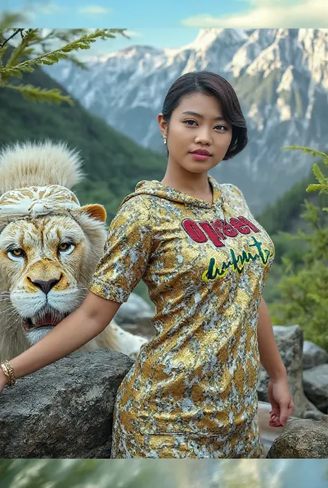 

creates ultra-HD and hyperrealistic images. a beautiful Asian young woman wearing a hoodie with the words "queen demit" sitting on a rock handing a cup of coffe behind him there is a fierce white lion with gold scales that wants to eat him, showing very ...