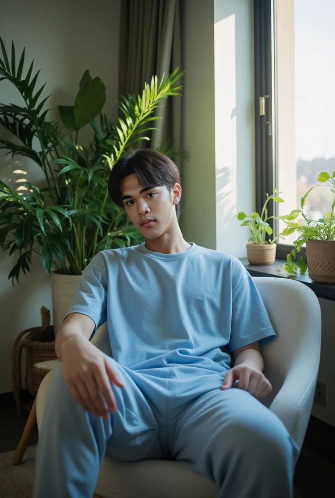 (photorealism:1.2), Full body a korean man that looks like BTS jungkook, sitting on room, blue light t-shirt, pajama pants, short dark hair, indoors, soft lighting, plants in background, window with sunlight, cozy room, relaxed pose, realistic, intricate d...