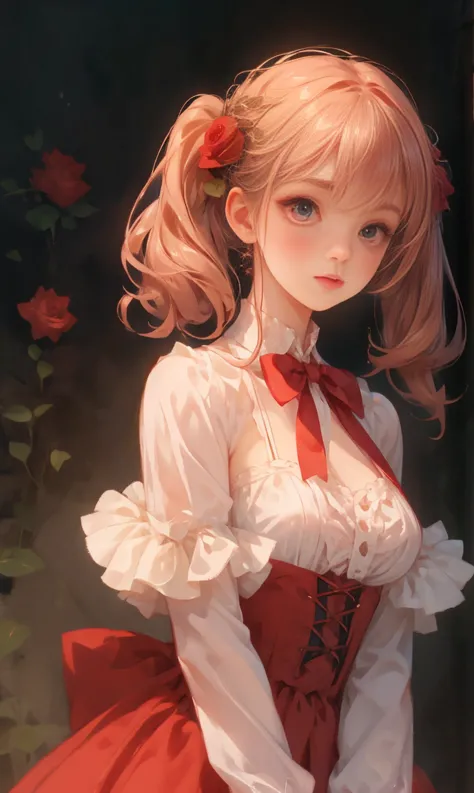 1 girl,  beauty, Wearing a rose-red Lolita magic dress，beautiful eyes， beautiful hair accessories，The background is  beauty&#39;s magic room， Lolita Style， two-dimensional，masterpiece， High quality, high resolution ， comics，small flesh, cowboy shooting, Ul...