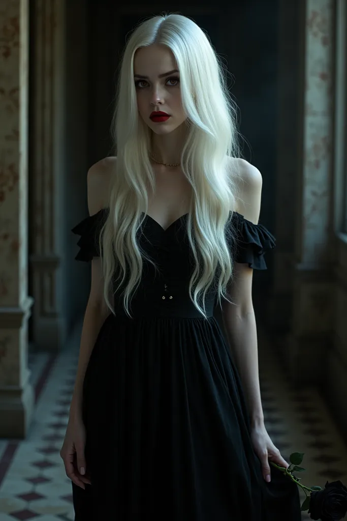 highly detailed, semi-realistic, cinematic lighting, dark fantasy, A white-haired woman with long hair, pale skin, red eyes and blood-red lips is standing in a mansion wearing a black dress holding a black rose.There was darkness around her and only half o...