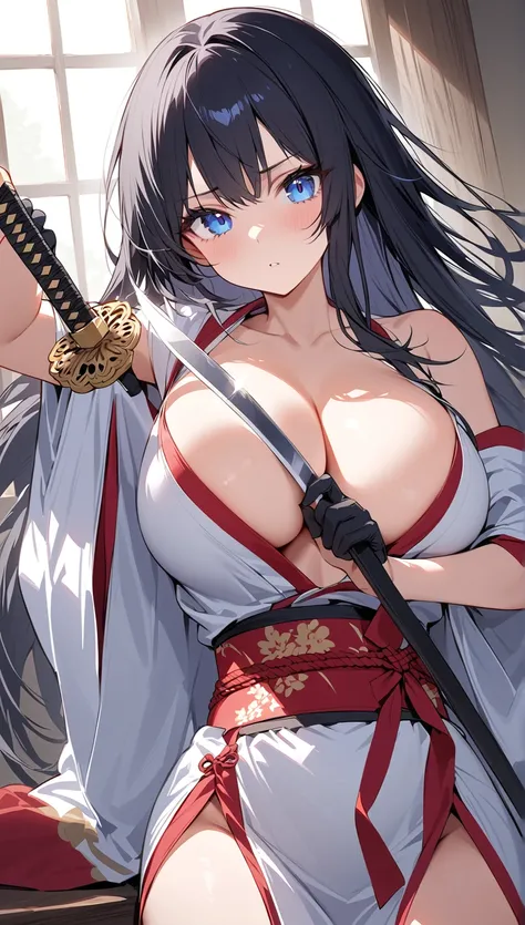 masterpiece, Highest quality, Excellent image quality, very aesthetic,   latest, alone, One young girl, upper body,      black hair, long hair,  big bangs, blue eyes,   Big Breasts, chest,    A flashy kimono with an open chest, White kimono,  black gloves,...